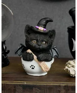 Schwarzes Hexen Kätzchen Mit Hexenbesen In Teetasse -Halloween schwarzes hexen kaetzchen in teetasse blck witch cat in tea cup halloween tichsdeko halloween figur 50723 06